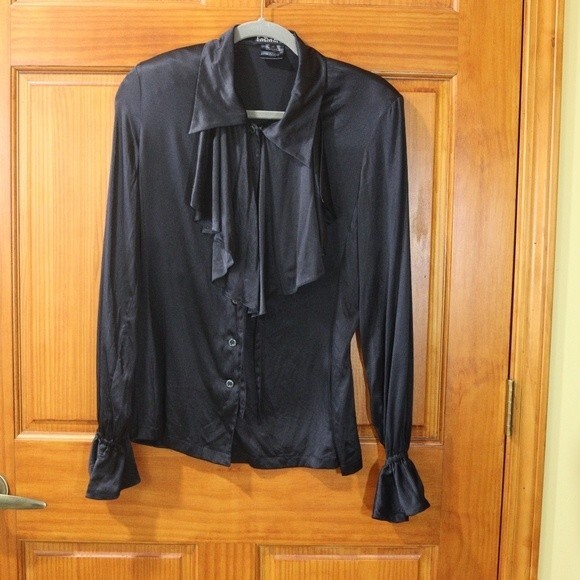 Escada vintage Black Silk Ruffle Button Down Blouse 100% Silk Germany 36 - Picture 2 of 16
